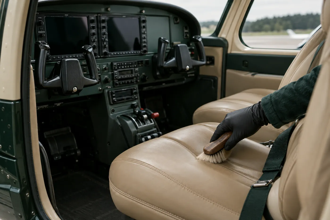 A gloved hand cleaning a tan leather seat in a small aircraft cockpit