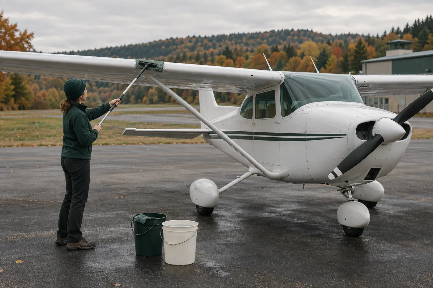 A high-wing training aircraft on a regional airport ramp being cleaned with a microfiber mop on a pole